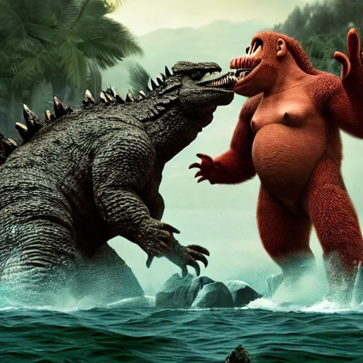 Prompt: Godzilla and Donkey Kong on a fishing trip, hyper realistic, HD, HQ, photo realistic