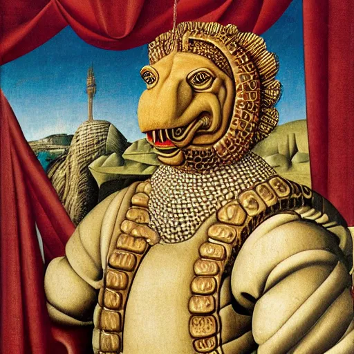 Prompt: portrait of an anthropomorphic ankylosaurus, dressed as an italian king, sandro bottecelli, 1 5 0 0