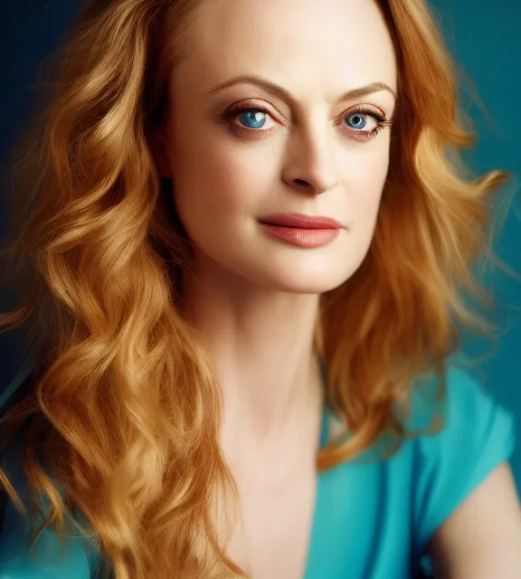 Prompt: beautiful portrait photo of Heather Graham, slight smile, 85mm, teal studio backdrop, Getty images