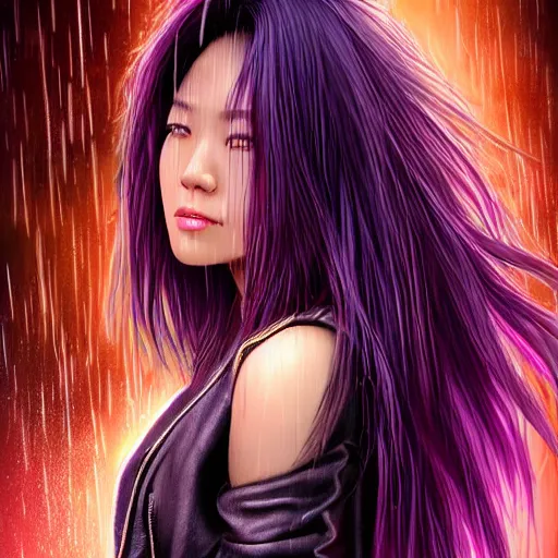 Image similar to photo of a gorgeous wet asian female with long dark purple hair in the style of stefan kostic, realistic, cyberpunk, leather jacket, aviators, nighttime, rain storm, body shot, sharp focus, 8 k high definition, insanely detailed, intricate, elegant, art by stanley lau and artgerm, floating embers