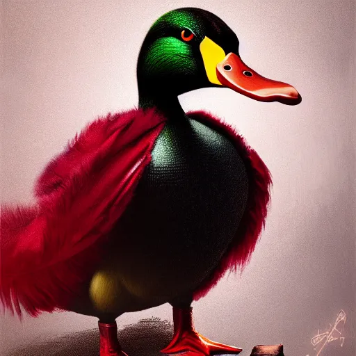 Image similar to portrait of cute mallard duck with black feathers, wearing cultist red robe, inside a castle, black feathers, glowing arcane eyes, ultra detailed, expressive oil painting digital art, octane render, trending on art station,