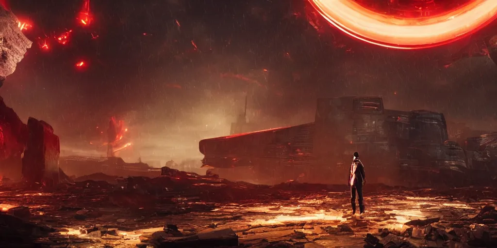 Prompt: a human standing front of a huge towering and broken stone tablet with red light + alien pattern + an abandoned spaceship, stands in the center of a prosperous city at the end of the world, and the power and energy is explode, secret, mysterious, doomsday, landscape, video game control, quantum break, arknights,