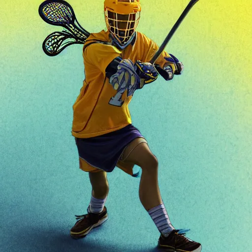 Image similar to anime style, lacrosse player by albrecht durer, playfield background, standing pose, yellow mask, realistic rackets, symmetrical features, from arknights, hyper realistic, rule of thirds, extreme detail, 4 k drawing, trending on pixiv, realistic lighting, draw by alphonse mucha, greg rutkowski, sharp focus, realistic anatomy