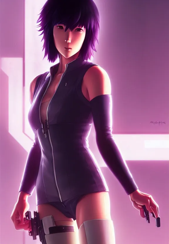 Image similar to a fullbody portrait of motoko kusanagi the major ghost in the shell : : stand alone complex, under repairs, maintenance : : by ilya kuvshinov, rossdraws, artgerm, sola digital arts, anti aliasing, raytracing : :