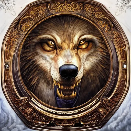 Image similar to portrait of werewolf made with porcelain by Jeff Easley and Peter Elson + beautiful eyes, beautiful face + symmetry face + border and embellishments inspiried by alphonse mucha, fractals in the background, galaxy + baroque, gothic, surreal + highly detailed, intricate complexity, epic composition, magical atmosphere + masterpiece, award winning + trending on artstation