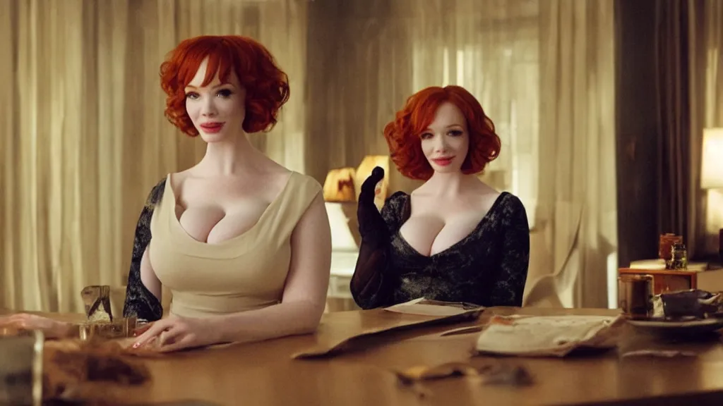 Image similar to a very happy beautiful Christina Hendricks in the living room, film still from the movie directed by Denis Villeneuve with art direction by Salvador Dalí, wide lens