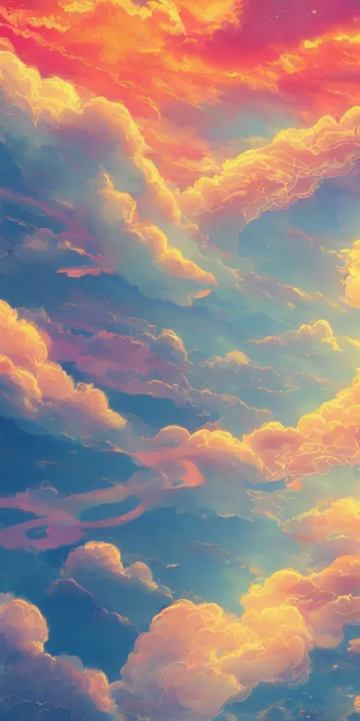Image similar to A beautiful illustration of beautiful burning cloud in the evening sky, breathtaking clouds, The cloud is ethereal and mystical, and it seems to be glowing from within, buildings, trees, birds, wide angle, by makoto shinkai, Wu daozi, very detailed, deviantart, 8k vertical wallpaper, tropical, colorful, airy, anime illustration, anime nature wallpap