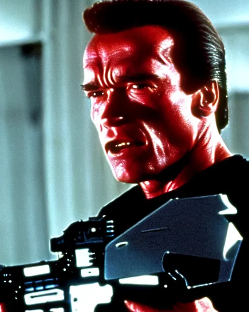 Image similar to arnold schwarzenegger as a damaged terminator, red eye, photo