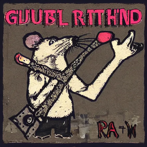 Image similar to grunge patch style Folk punk artwork of a rat holding its thumb out to hitchhike