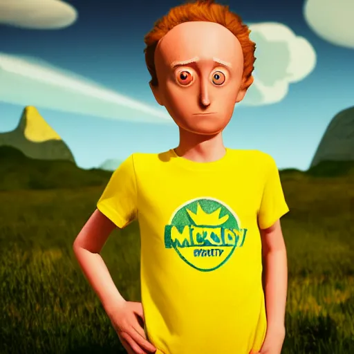 Prompt: portrait of real life morty smith wearing yellow t - shirt. photo realism. dramatic lighting. alien planet background. 4 k