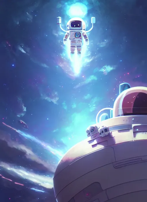 Image similar to portrait of cute kawaii astronaut android floating around a large biomechanical kaiju dragon, nebulous background of dynamic space, a dramatic composition by wlop and greg rutkowski and makoto shinkai and studio ghibli and kyoto animation