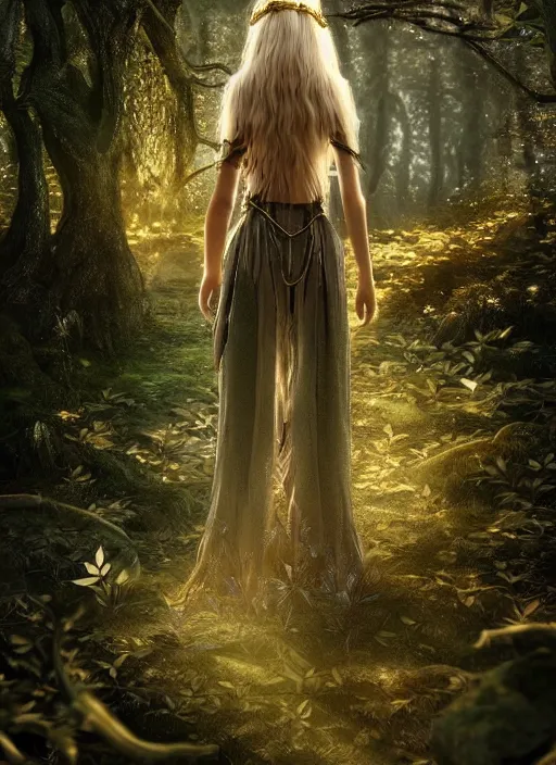 Image similar to magical forest with gold and silver leafs, music, girl with blond long hair back view, elves, lord of the rings style, ultra detailed, trending on artstation, concept art, octane render, unreal engine,