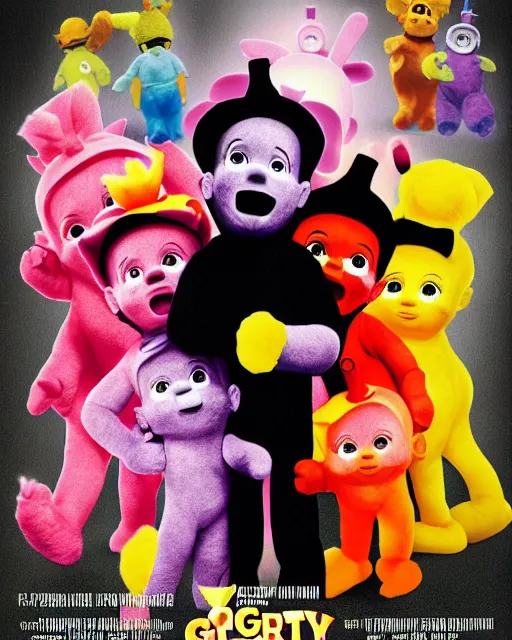 Image similar to a promotional poster for a gritty mafia - themed teletubbies movie, illustrated by robert mcginnis, poster design, film grain, 3 5 mm, 4 k detail