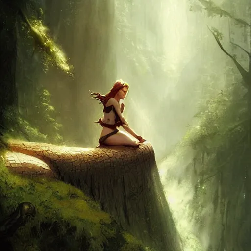 Image similar to a female elf from lord of the rings rests on a log, detailed matte fantasy painting, cinematic lighting, deviantart artstation, by greg rutkowski, by peter mohrbacher