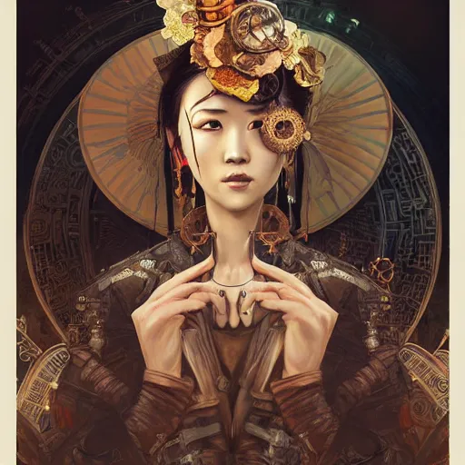 Image similar to steampunk rugged Chinese lady, surreal, dramatic lighting, face, detailed, intricate, elegant, highly detailed, digital painting, concept art, smooth, sharp focus, illustration, art by Sam Spratt, Dan Mumford, Artem Demura and Alphonse Mucha