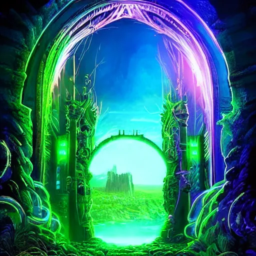 Image similar to portal to another dimension, magnificent, epic, neon, highly detailed, beautiful lighting, fantasy landscape