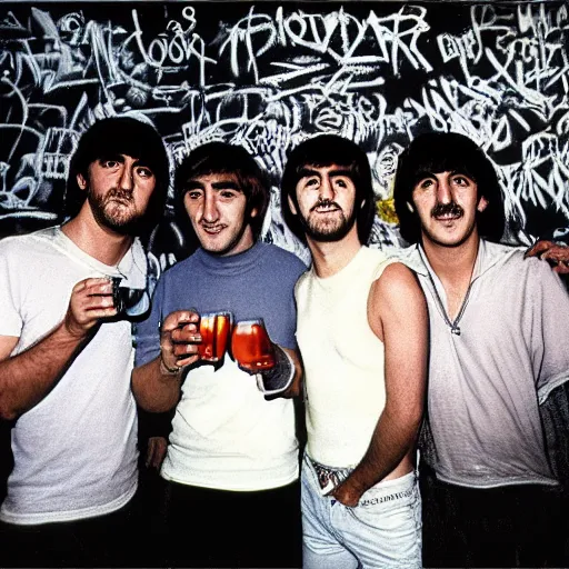 Prompt: The four Beatles drink beer in a 1980s underground club, graffiti on the walls, photo by annie leibovitz, shot on a Mamiya RZ67 - n 9