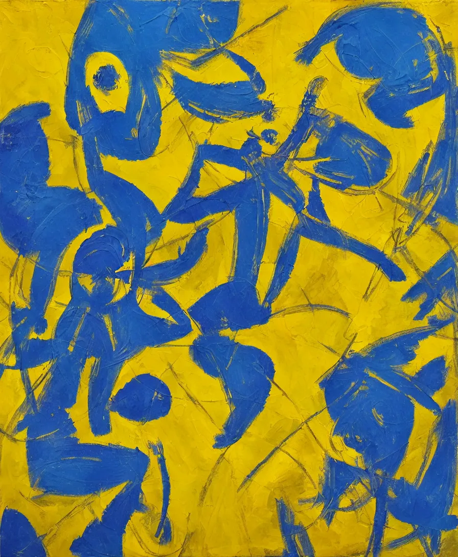 Image similar to blue and yellow warrior defeats satan, expressive abstractionism, many small saturated hard relief strokes of oil on canvas with high detail