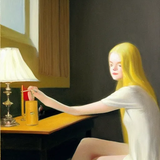 Prompt: Painting of Elle Fanning lighting a match, long blonde hair, delicate, pale milky white porcelain skin, by Edward Hopper. 8K. Extremely detailed.