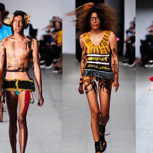 Image similar to a modern day fashion catwalk of an australian aborigine