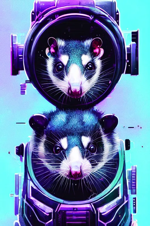 Image similar to a beautiful portrait of a cute cyberpunk opossum by sandra chevrier and greg rutkowski and wlop, purple blue color scheme, high key lighting, volumetric light, digital art, highly detailed, fine detail, intricate, ornate, complex, octane render, unreal engine, photorealistic