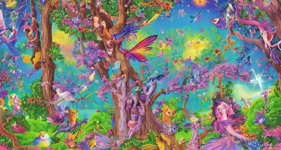 Image similar to Enchanted and magic forest, by Lisa Frank,
