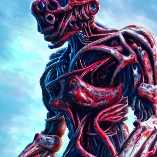 Image similar to man fused with a gigantic machine, futuristic, body horror, sci-fi, meat machine, hyperdetailed, Cinematic, Kinemacolor, Artstation, 8k