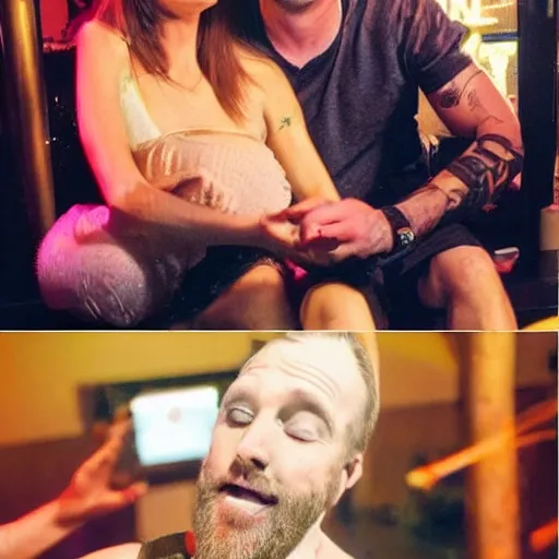 Image similar to photo of a 4 0 year old white man living thinking he's living the best life possible. he looks young for his age. he is at a strip club, the woman can be seen dancing on him, it's as if he were in a music video and didn't know it. sadly he did not realize there is more to life.