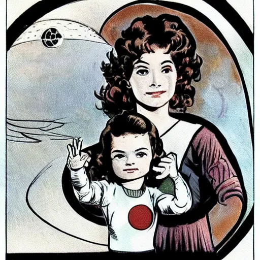 Image similar to a cute little girl with a mischievous face and short brown wavy curly hair. she is dressed as an astronaut. well composed, clean elegant painting, beautiful detailed face. comic book art by steve ditko and jack kirby and bouguereau