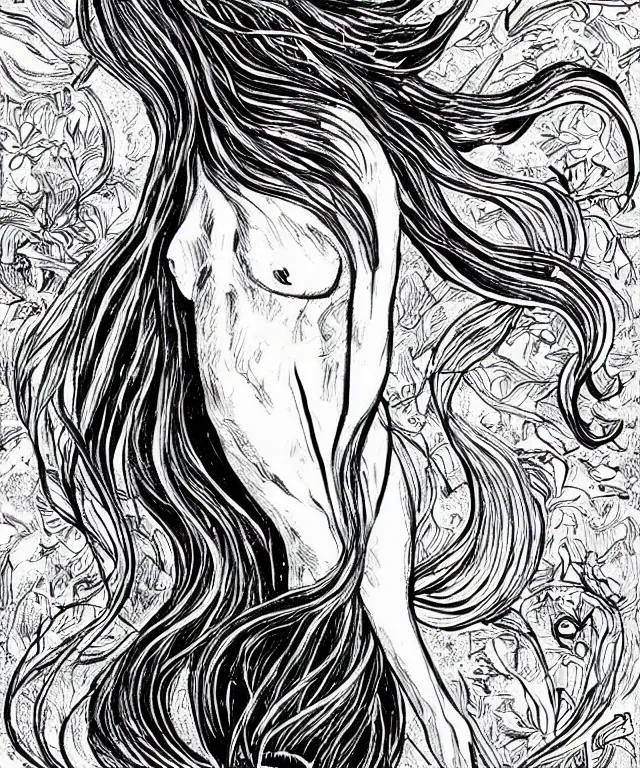 Image similar to black and white illustration, beautiful mermaid with flowing hair