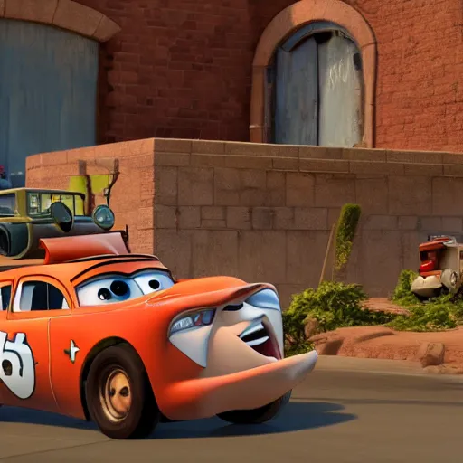 Image similar to mater from cars driving into a building, rubble, disney pixars cars, mater, unreal engine 5