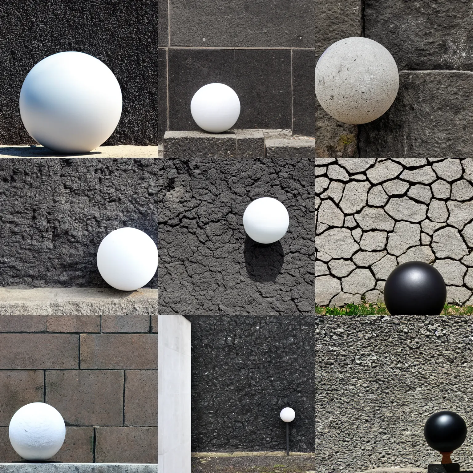 Prompt: background : black stone wall, foreground : white sphere