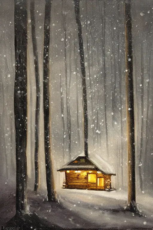 Prompt: snowy forest night scene in a single wooden cabin surrounded by the woods with one illuminated window, horror dark contrast, oil painting