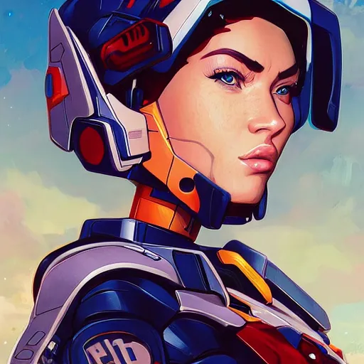 Image similar to a portrait of a stunning beautiful elite megan fox gundam pilot, with an intricate, detailed, urban inspired hiphop afro futuristic helmet, vector behance hd jesper ejsing, rhads, makoto shinkai, lois van baarle, ilya kuvshinov, rossdraws, hd, 3 2 k, ilya kuvshinov, gustav klimt