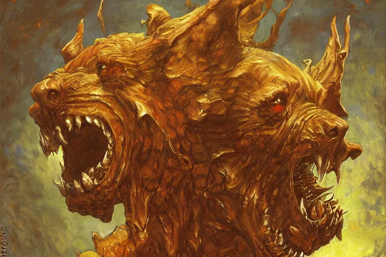 Image similar to cerberus hyperdetailed photo of a cerberus by ed binkley, ilya repin, alex horley, johfra bosschart, craig mullins, three head one body, cerberus, details