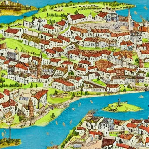 Prompt: map of bustling medieval town along a river, detailed