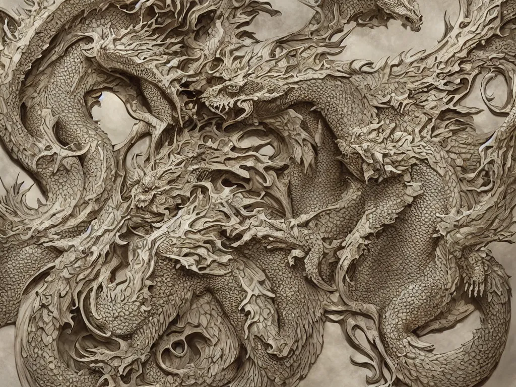 Image similar to dragon ivory wall carving,intricate fractal abstraction, artstation, John Kenn Mortensen, Mat Collishaw, complex, ultradetailed and intricate, high resolution