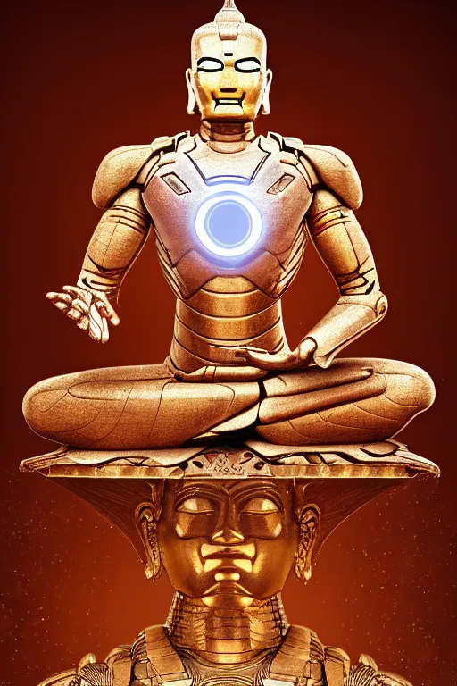 Image similar to digital masterpiece illustration concept art of porcelain statue of buddha gautama as iron man, virasana, lotus, padmasana, extremely detailed and intricate complexity, epic composition, magical atmosphere, cinematic lighting, wide long shot, trending on artstation, 8 k