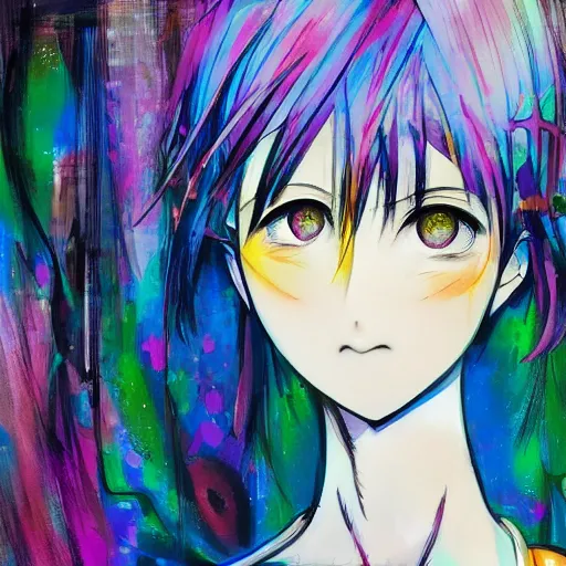 Prompt: portait of a manga girl with abstract background in the style of yoshitaka amano