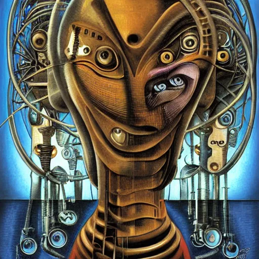 Prompt: the queen of robots, digital painting masterpiece, by h r giger and hannah hoch and ed roth and denys cowan