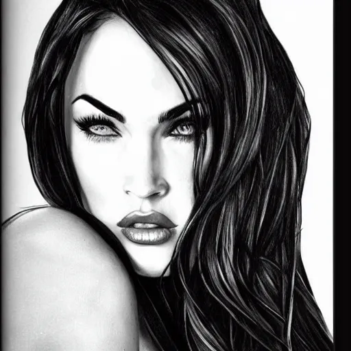 Image similar to megan fox portrait, hyper - realistic black and white drawing, amazing detail, in the style of den yakovelv