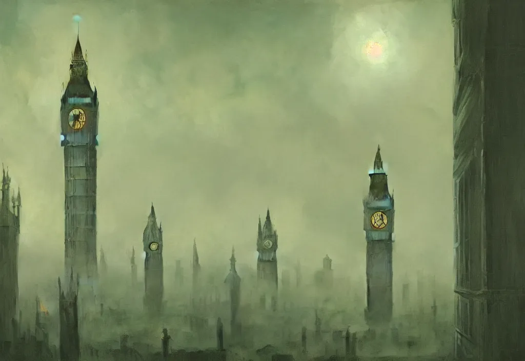 Image similar to london in green mist by carl gustav carus, clocktower, steampunk, tentacles, cthulhu, digital art, 4k, trending on artstation, highly detailed