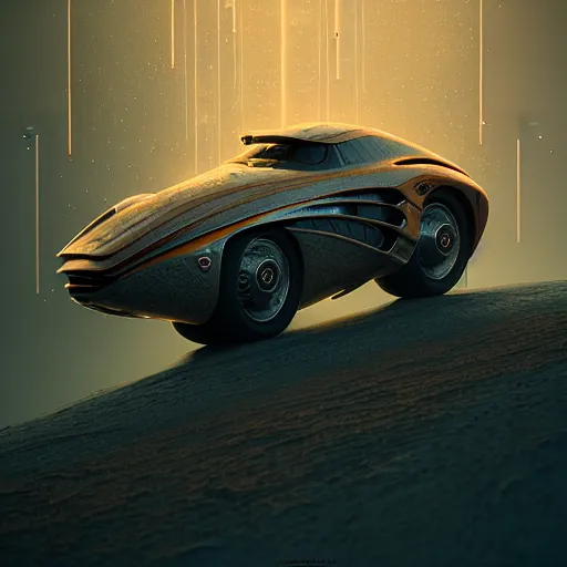 Prompt: cyborg vintage supercar slick warm tones : by michal karcz, daniel merriam, victo ngai and guillermo del toro : ornate, dynamic, particulate, intricate, elegant, highly detailed, centered, artstation, smooth, sharp focus, octane render