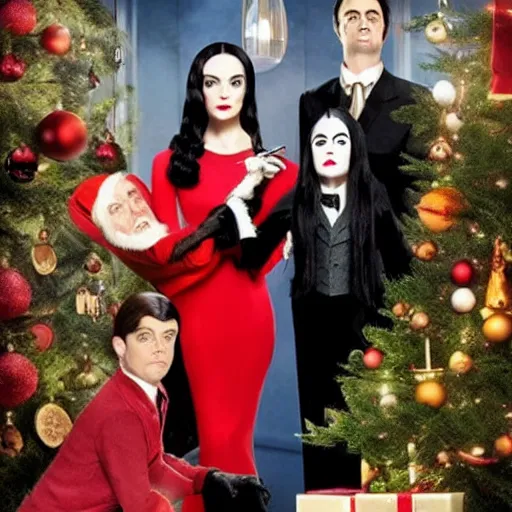 Prompt: An Hallmark movie about the Addams family. Mortician and Gomez trim a Christmas tree. Cinematic, technicolor, crisp