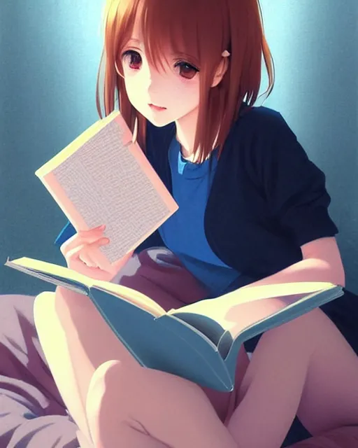 Image similar to cute girl reading book with her boyfriend, shy emotion. | very very anime!!!, fine - face, audrey plaza, realistic shaded perfect face, fine details. anime. very strong realistic shaded lighting poster by ilya kuvshinov katsuhiro otomo ghost, magali villeneuve, artgerm, jeremy lipkin and michael garmash and rob rey