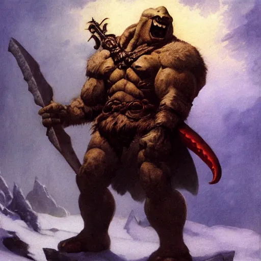 Image similar to anthropomorphic turtle barbarian humanoid by frank frazetta, carapace, blizzard, winter, night, furs, fantasy