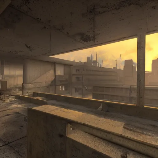 Image similar to a Half life level, from the 1998 PC game Half life in the Dead, brutalist architecture, stunning volumetric light, sunset, metal, concrete and translucent material, stunning skies, majestic landscape, trending on Artstation, 8k, photorealistic, hyper detailed, unreal engine 5, IMAX quality, cinematic, epic lighting, in the style of Moby Francke