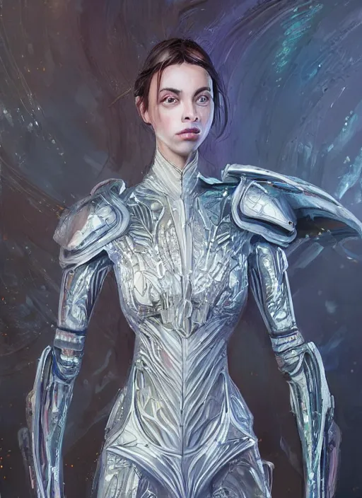 Image similar to a professional painting of a beautiful young female alien, clothed in ethereal armor, olive skin, long dark hair, beautiful bone structure, symmetrical facial features, intricate, elegant, digital painting, concept art, smooth, sharp focus, illustration, from Valerian and the City of a Thousand Planets, by Ruan Jia and Mandy Jurgens and Artgerm and William-Adolphe Bouguerea