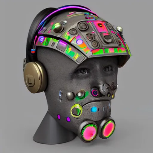 Image similar to a claymodel of a dieselpunk aztec futuristic robot head wearing an emotiv eeg - headset, 8 k, front shot, symetrical, flourescent colors, halluzinogenic, multicolored, insanely detailed, front shot, bust shot, 3 d render, octane