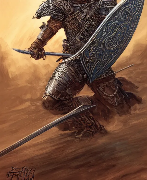 Prompt: battle - worn warrior with legendary sword, fantasy, man, cool armour, intricate, highly detailed, digital painting, artstation, concept art, wallpaper, smooth, sharp focus, illustration, art by larry elmore, jeff easley, clyde waldwell, keith parkinson, daniel r horne